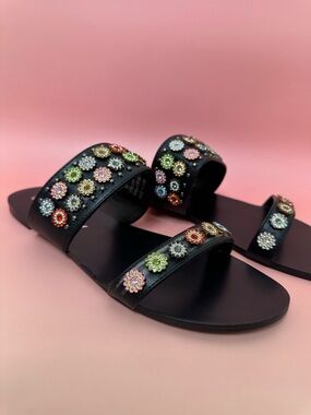 Cape Robbin Black Jeweled Floral Slide Sandals Rhinestone Slip-On Flats